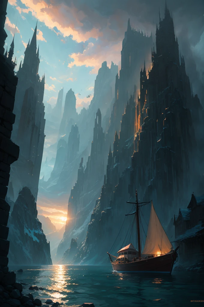 a close up of a boat on a body of water near a mountain, beautiful and cinematic lighting, inspired by Andreas Rocha, andreas rocha style, the style of andreas rocha, realistic photo of a town, dramatic lighting. concept art, whiterun in the style of pixar, painted by andreas rocha, 8k)), by Andreas Rocha