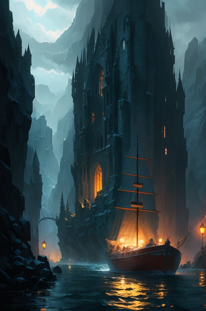 a close up of a boat on a body of water near a mountain, beautiful and cinematic lighting, inspired by Andreas Rocha, andreas rocha style, the style of andreas rocha, realistic photo of a town, dramatic lighting. concept art, whiterun in the style of pixar, painted by andreas rocha, 8k)), by Andreas Rocha