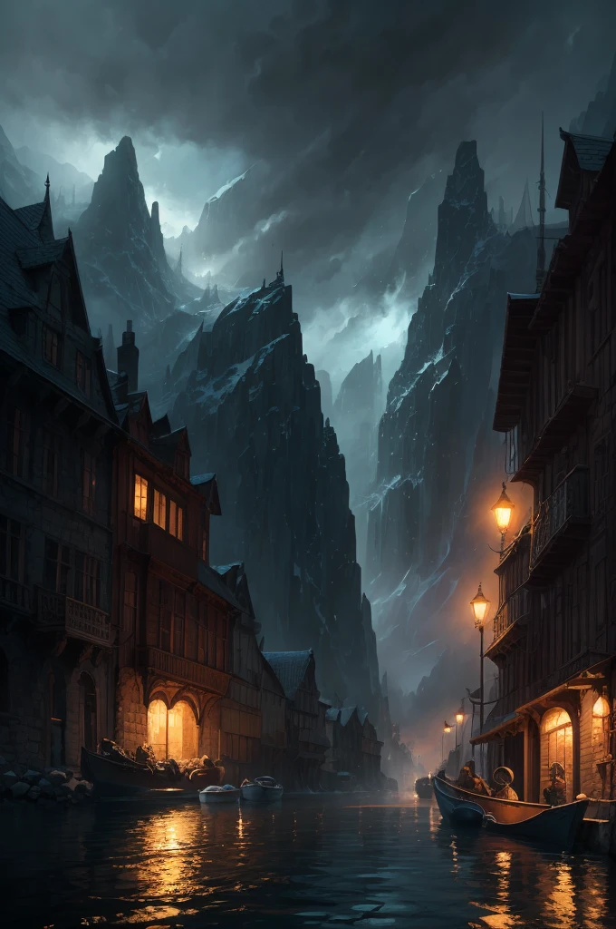 a close up of a boat on a body of water near a mountain, beautiful and cinematic lighting, inspired by Andreas Rocha, andreas rocha style, the style of andreas rocha, realistic photo of a town, dramatic lighting. concept art, whiterun in the style of pixar, painted by andreas rocha, 8k)), by Andreas Rocha