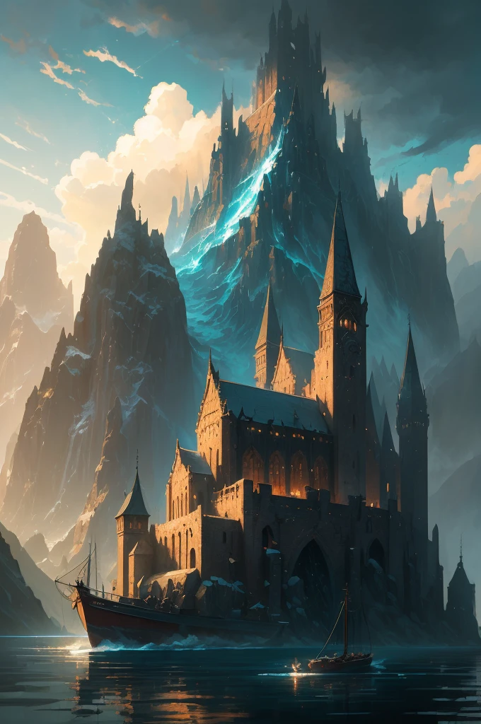 a close up of a boat on a body of water near a mountain, beautiful and cinematic lighting, inspired by Andreas Rocha, andreas rocha style, the style of andreas rocha, realistic photo of a town, dramatic lighting. concept art, whiterun in the style of pixar, painted by andreas rocha, 8k)), by Andreas Rocha