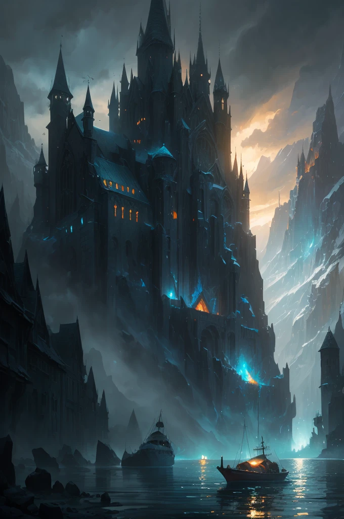 a close up of a boat on a body of water near a mountain, beautiful and cinematic lighting, inspired by Andreas Rocha, andreas rocha style, the style of andreas rocha, realistic photo of a town, dramatic lighting. concept art, whiterun in the style of pixar, painted by andreas rocha, 8k)), by Andreas Rocha