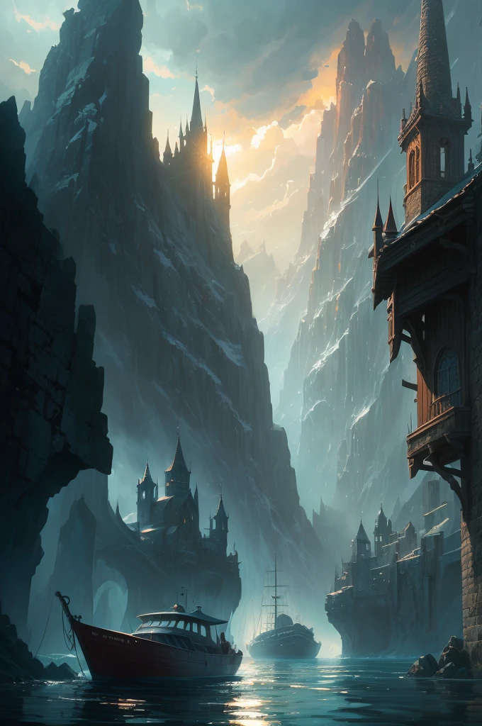 a close up of a boat on a body of water near a mountain, a matte painting inspired by Andreas Rocha, trending on cgsociety, fantasy art, beautiful and cinematic lighting, andreas rocha style, the style of andreas rocha, realistic photo of a town, dramatic lighting. concept art, whiterun in the style of pixar, painted by andreas rocha