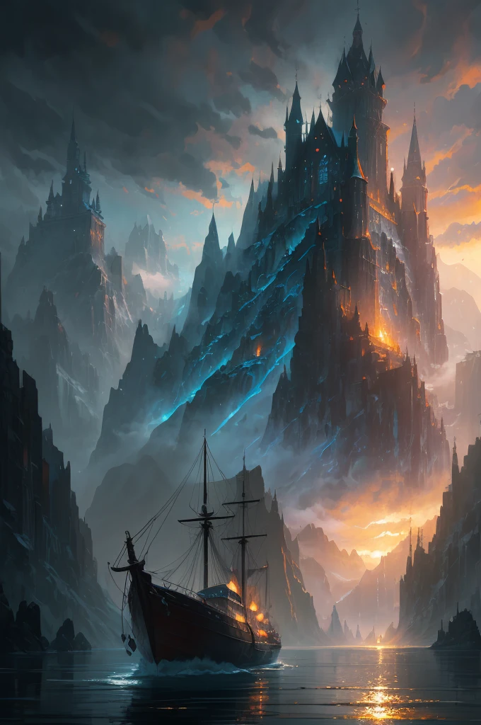 a close up of a boat on a body of water near a mountain, a matte painting inspired by Andreas Rocha, trending on cgsociety, fantasy art, beautiful and cinematic lighting, andreas rocha style, the style of andreas rocha, realistic photo of a town, dramatic lighting. concept art, whiterun in the style of pixar, painted by andreas rocha