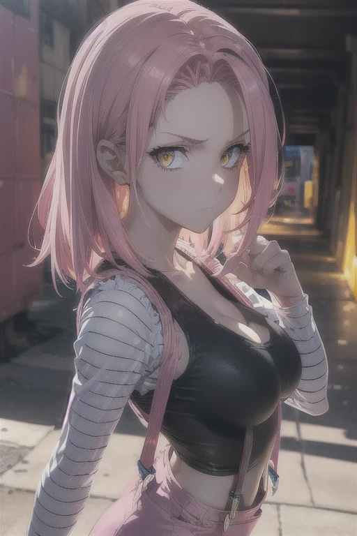 (8k, photo and gross, Best Quality, Masterpiece), ultra high resolution, (realist, photo-realist), 1 girl, emotionless, Alone, pink hair, yellow eyes, Professional lighting, detailed lighting, backlight, depth of field, natural lighting, sharp focus, shooting distance of two meters, Professional photo session, detailed eyes, realist eyes, detailed shadow, computer generated game, cosplay, pink clothes with arm ring, suspenders, Upper part of the body, pink clothes, exterior, corona, Gundam, mecha, robot busty