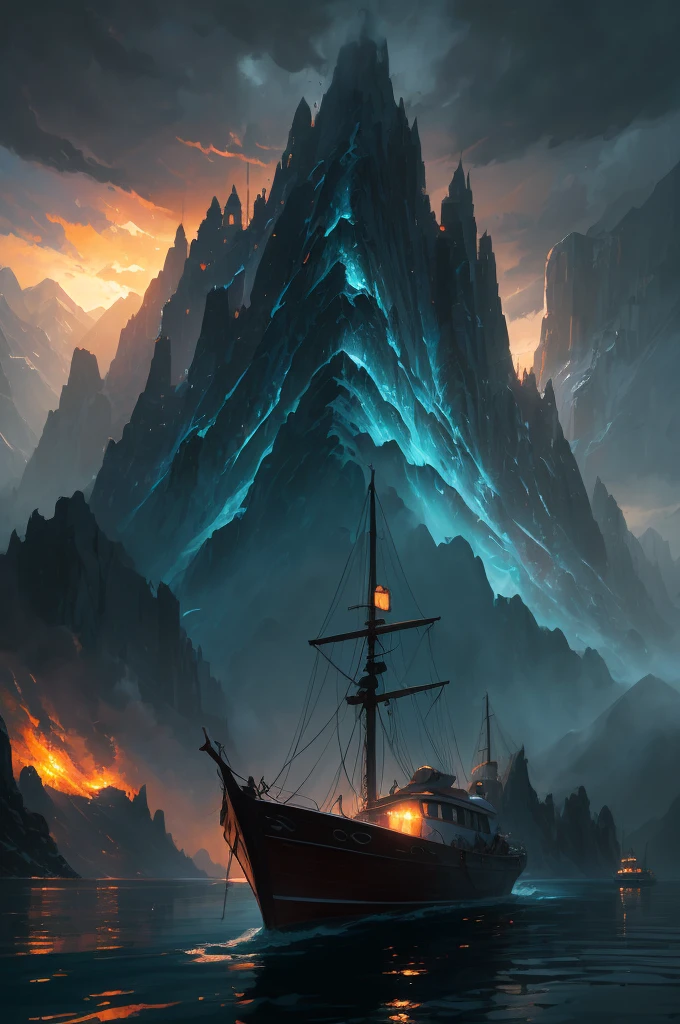 a close up of a boat on a body of water near a mountain, beautiful and cinematic lighting, inspired by Andreas Rocha, andreas rocha style, the style of andreas rocha, realistic photo of a town, dramatic lighting. concept art, whiterun in the style of pixar, painted by andreas rocha, 8k)), by Andreas Rocha