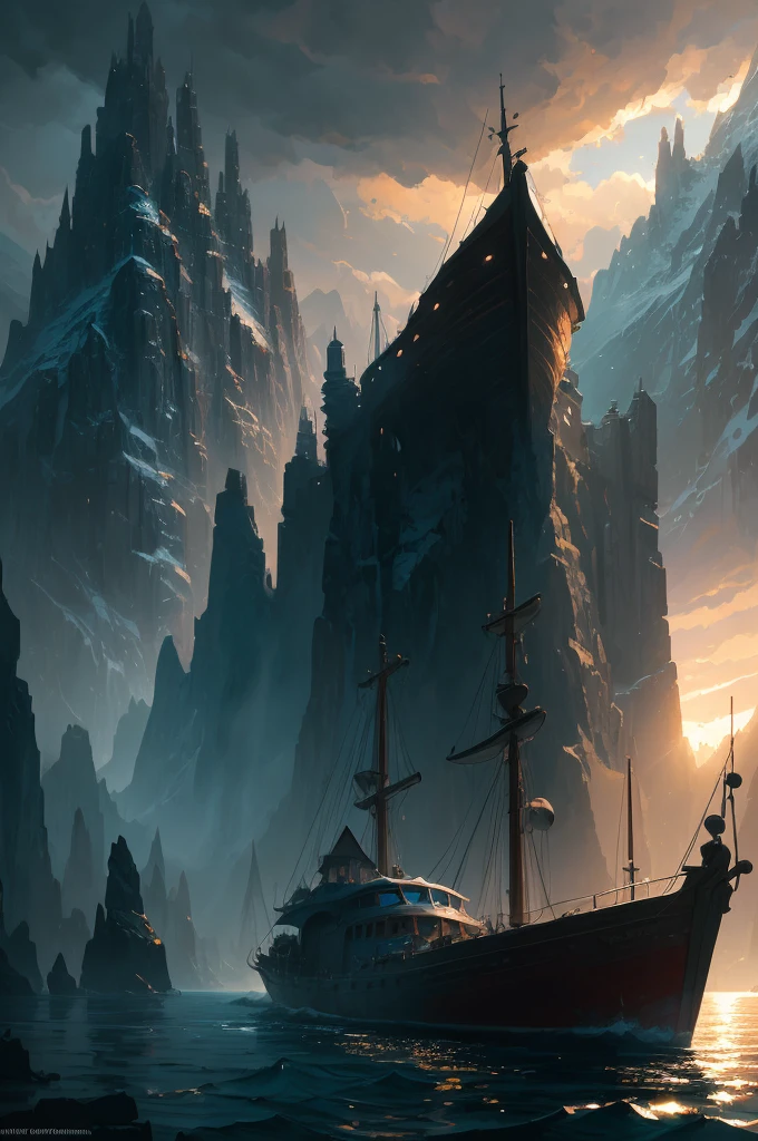 a close up of a boat on a body of water near a mountain, beautiful and cinematic lighting, inspired by Andreas Rocha, andreas rocha style, the style of andreas rocha, realistic photo of a town, dramatic lighting. concept art, whiterun in the style of pixar, painted by andreas rocha, 8k)), by Andreas Rocha