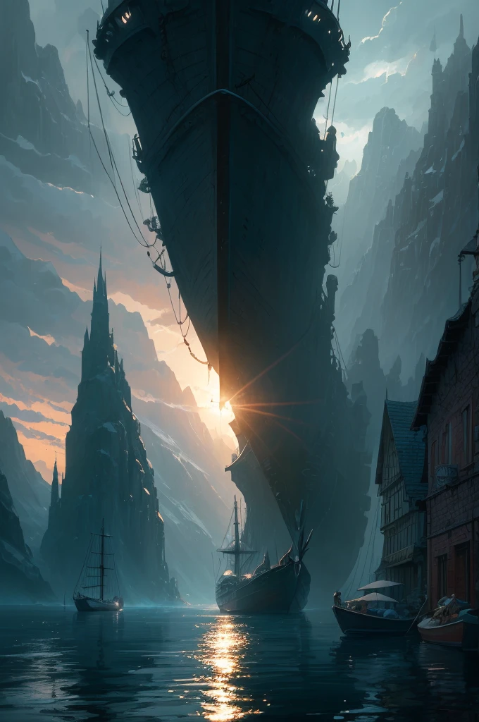 a close up of a boat on a body of water near a mountain, beautiful and cinematic lighting, inspired by Andreas Rocha, andreas rocha style, the style of andreas rocha, realistic photo of a town, dramatic lighting. concept art, whiterun in the style of pixar, painted by andreas rocha, 8k)), by Andreas Rocha