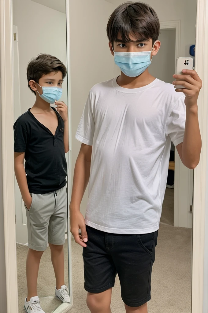 Half photo of a 13 year boy standing in front of mirror holding i phone and reflicting i phone in mirror covering face with i phone realistic