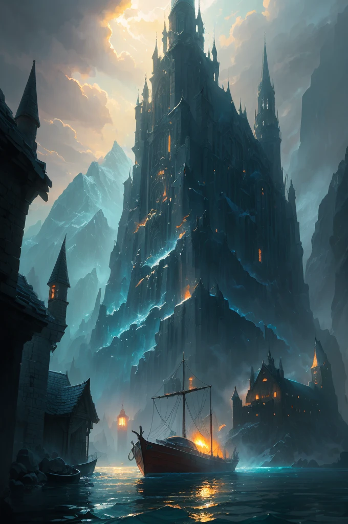 a close up of a boat on a body of water near a mountain, a matte painting inspired by Andreas Rocha, trending on cgsociety, fantasy art, beautiful and cinematic lighting, andreas rocha style, the style of andreas rocha, realistic photo of a town, dramatic lighting. concept art, whiterun in the style of pixar, painted by andreas rocha