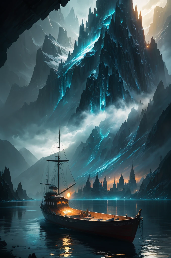 a close up of a boat on a body of water near a mountain, a matte painting inspired by Andreas Rocha, trending on cgsociety, fantasy art, beautiful and cinematic lighting, andreas rocha style, the style of andreas rocha, realistic photo of a town, dramatic lighting. concept art, whiterun in the style of pixar, painted by andreas rocha