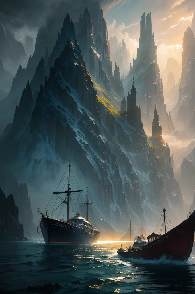 a close up of a boat on a body of water near a mountain, a matte painting inspired by Andreas Rocha, trending on cgsociety, fantasy art, beautiful and cinematic lighting, andreas rocha style, the style of andreas rocha, realistic photo of a town, dramatic lighting. concept art, whiterun in the style of pixar, painted by andreas rocha