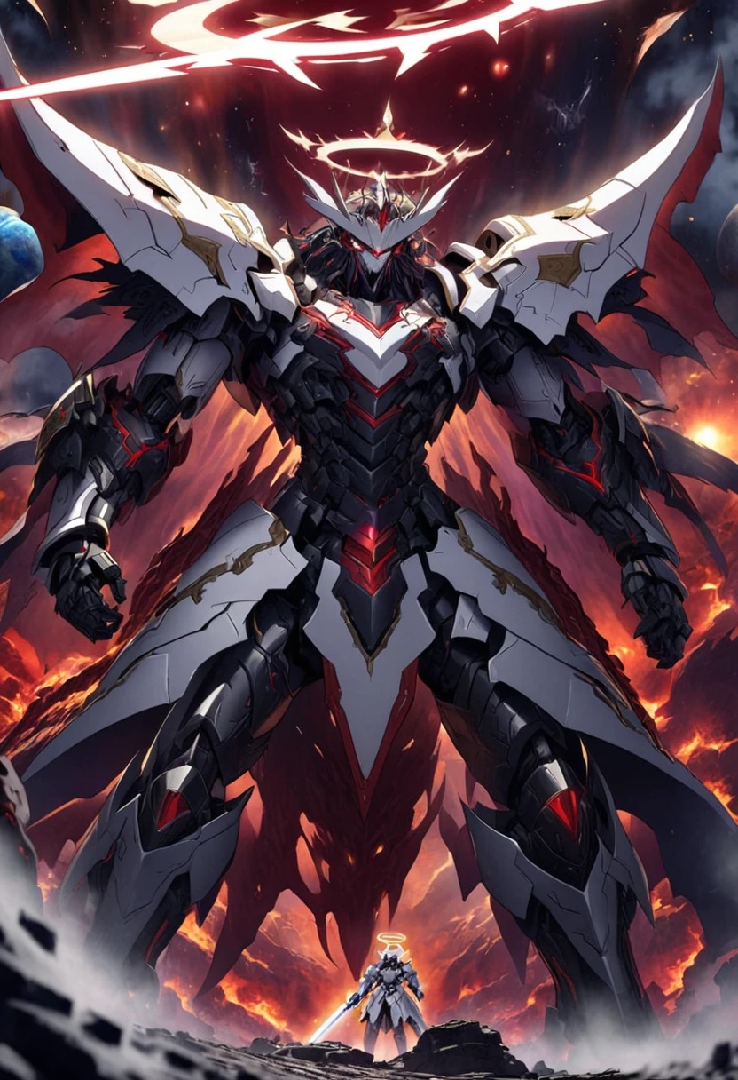 A riveting scene from an anime or manga, where Heaven and Hell are depicted as mechs locked in a fierce battle. The Mecha of Heaven is clad in brilliant white armor, adorned with a halo, and wields a luminous sword. The Mecha of Hell is intimidating, covered in dark red and black armor, with a menacing devil-like face and a wickedly curved axe. The background is a fantastical celestial scene with stars, planets, and a divide between light and darkness. The atmosphere is intense and dramatic.