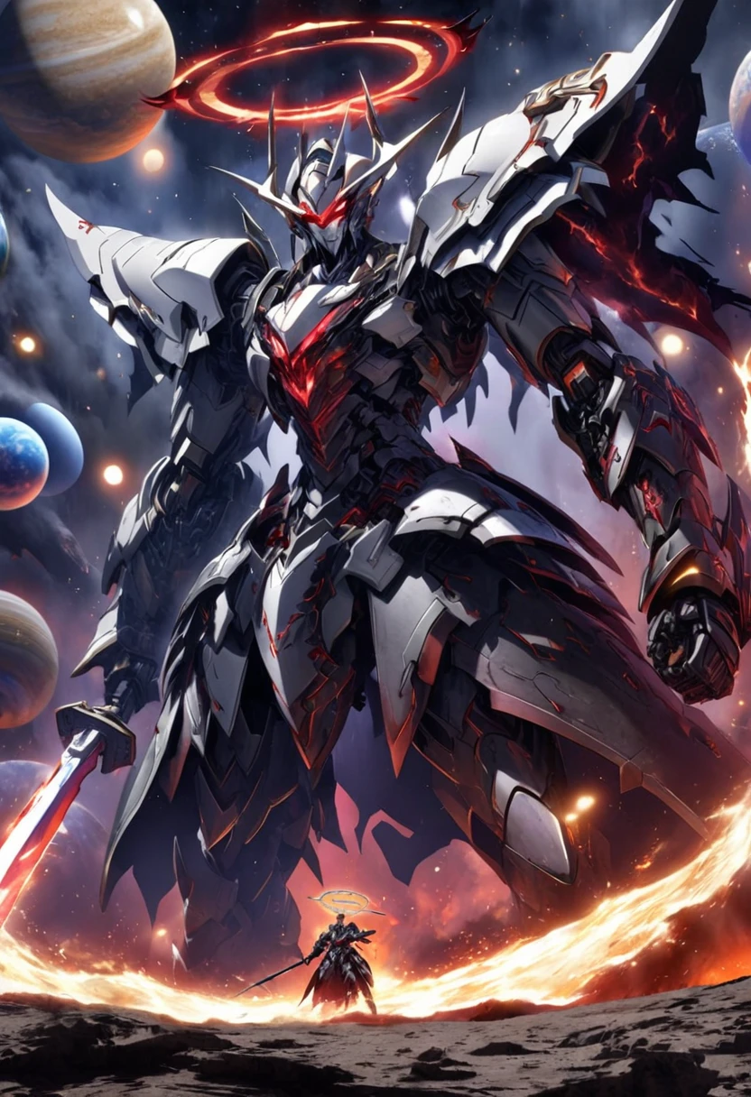 A riveting scene from an anime or manga, where Heaven and Hell are depicted as mechs locked in a fierce battle. The Mecha of Heaven is clad in brilliant white armor, adorned with a halo, and wields a luminous sword. The Mecha of Hell is intimidating, covered in dark red and black armor, with a menacing devil-like face and a wickedly curved axe. The background is a fantastical celestial scene with stars, planets, and a divide between light and darkness. The atmosphere is intense and dramatic.