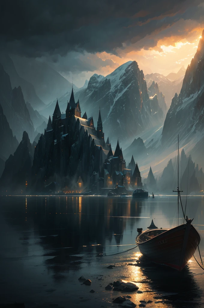 a close up of a boat on a body of water near a mountain, beautiful and cinematic lighting, inspired by Andreas Rocha, andreas rocha style, the style of andreas rocha, realistic photo of a town, dramatic lighting. concept art, whiterun in the style of pixar, painted by andreas rocha, 8k)), by Andreas Rocha