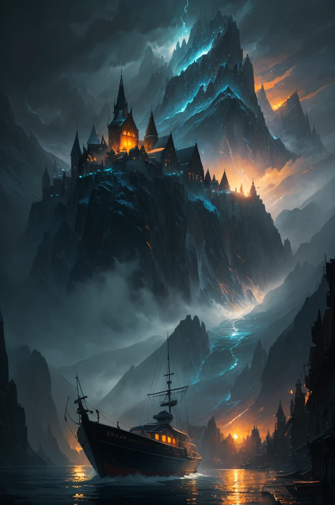a close up of a boat on a body of water near a mountain, beautiful and cinematic lighting, inspired by Andreas Rocha, andreas rocha style, the style of andreas rocha, realistic photo of a town, dramatic lighting. concept art, whiterun in the style of pixar, painted by andreas rocha, 8k)), by Andreas Rocha