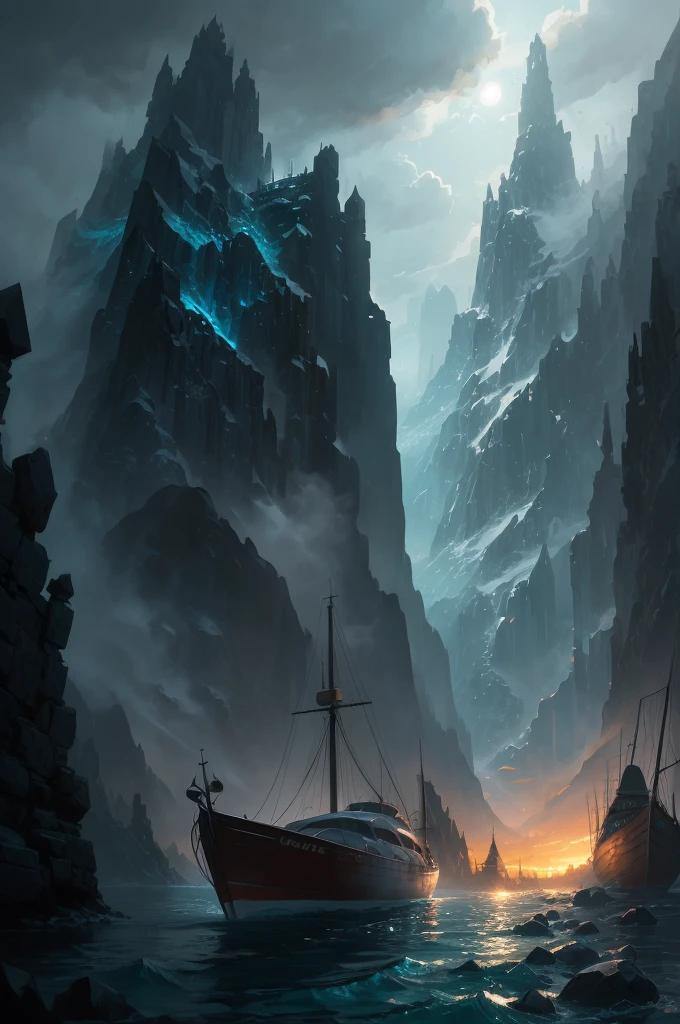 a close up of a boat on a body of water near a mountain, beautiful and cinematic lighting, inspired by Andreas Rocha, andreas rocha style, the style of andreas rocha, realistic photo of a town, dramatic lighting. concept art, whiterun in the style of pixar, painted by andreas rocha, 8k)), by Andreas Rocha