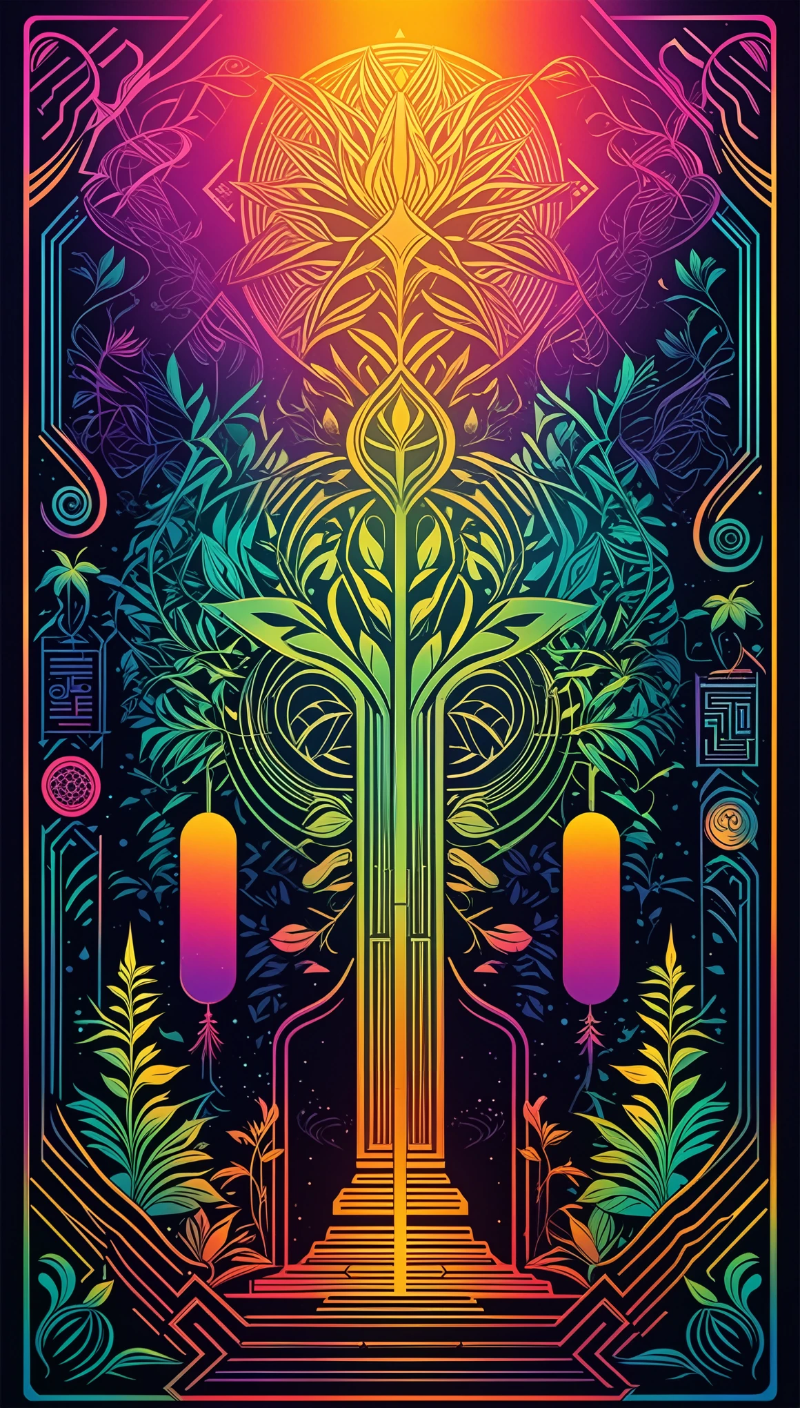 Symbolic symbols of plants, minimalist style, graphic illustrations of totem art, laser diffuse gradient metal color scheme, New surreal poster design, bold prints, Metal relief, dual tone, solid background, 8k, UHD, best quality, highres