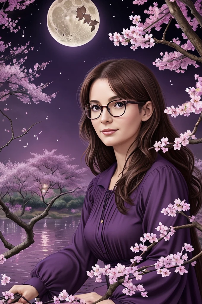 Drawing of a beautiful 30 year old witch, with short brown hair wearing glasses and sitting on the branch of a cherry tree in the river in the light of the crescent moon surrounded by flowers of everything and cherry blossom trees, with owls, cats and magical creatures of the night around you, the image in violet tones and its variants