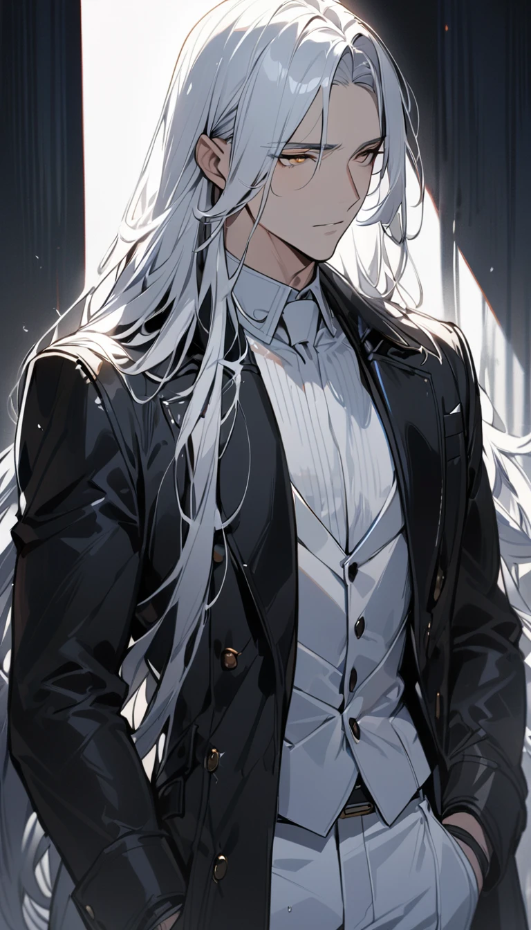 (masterpiece:1.5)，best quality，(1 Handsome and calm man)，alone，white hair，(long hair:1.5), (Golden eyes), (cold and distant expression)，perfect face，Long black trench coat，Black leather gloves，white lining，White suit pants，Slightly muscular body，High，8K，Beautiful contrast of light and shadow，Dark luxury background，(complete upper body)，Positive face