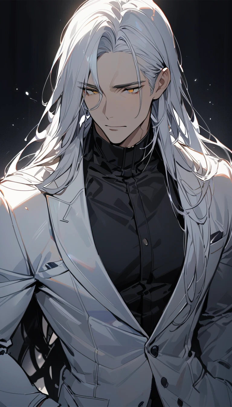 (masterpiece:1.5)，best quality，(1 Handsome and calm man)，alone，white hair，(long hair:1.5), (Golden eyes), (cold and distant expression)，perfect face，Long black trench coat，Black leather gloves，white lining，White suit pants，Slightly muscular body，High，8K，Beautiful contrast of light and shadow，Dark luxury background，(complete upper body)，Positive face