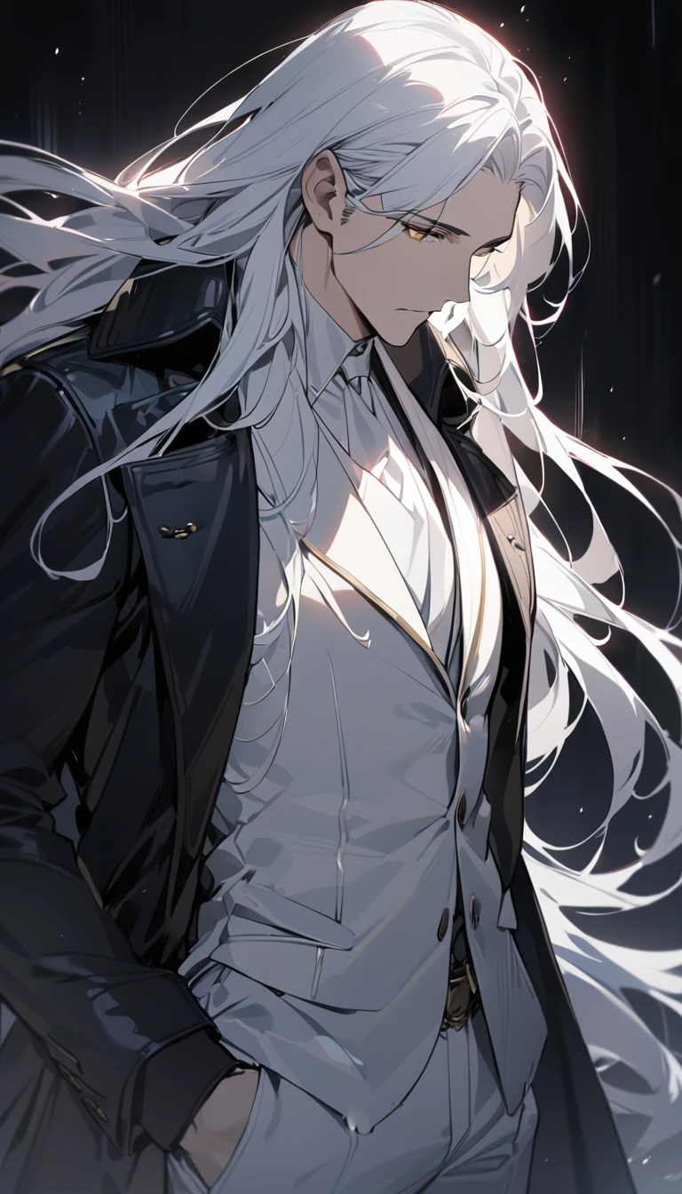 (masterpiece:1.5)，best quality，(1 Handsome and calm man)，alone，white hair，(long hair:1.5), (Golden eyes), (cold and distant expression)，perfect face，Long black trench coat，Black leather gloves，white lining，White suit pants，Slightly muscular body，High，8K，Beautiful contrast of light and shadow，Dark luxury background，(complete upper body)，Positive face