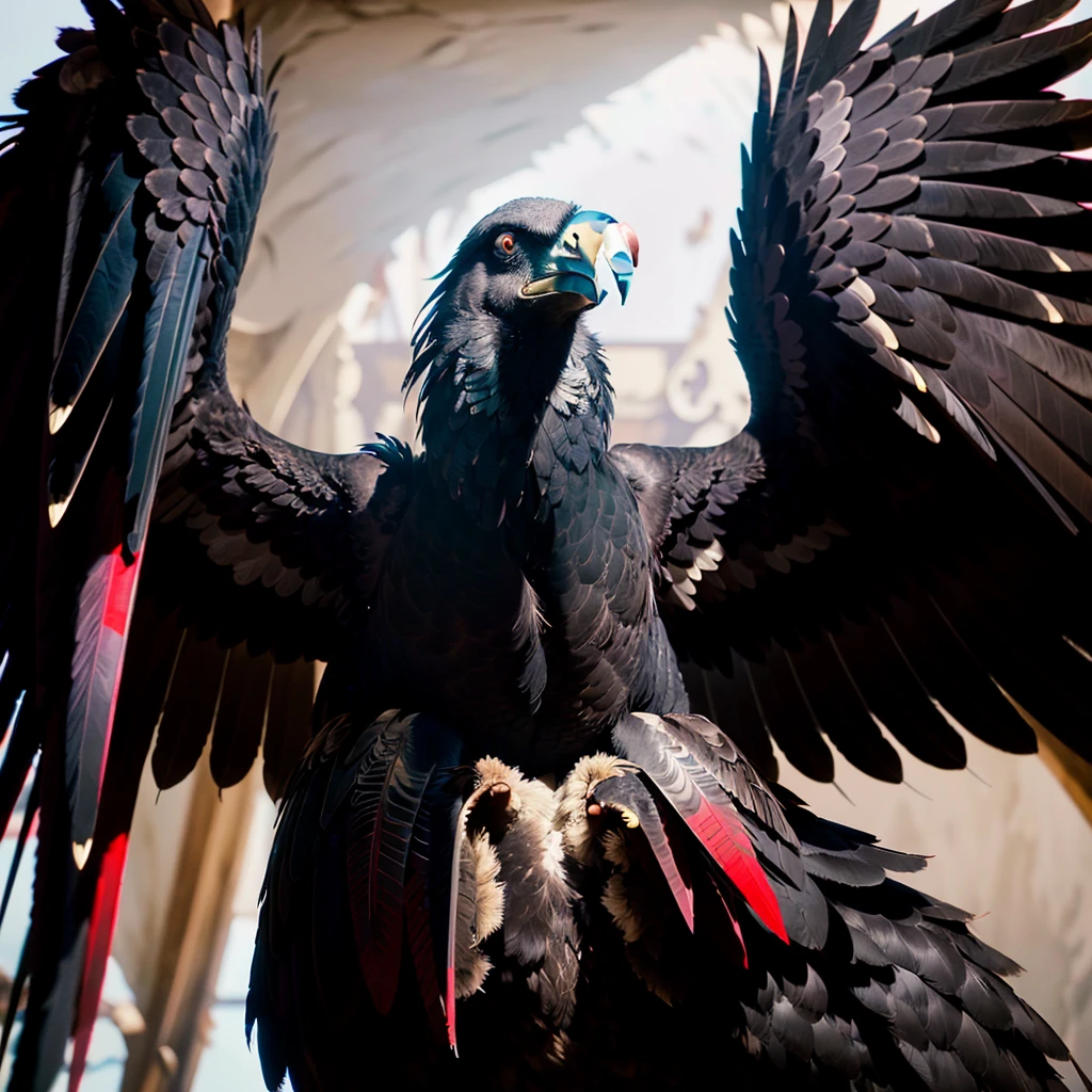 black vulture with open wings. on your chest with letters crf. shiny with red and white black outline., (maximum quality:1.4),(obra-prima:1.3),(sharp focus:1.2),(Photorealistic:1.4),(black vulture bonitas em estilo perfeito:1.4),(droopy eyes:1.2),(pelos macios),foto de corpo inteiro.