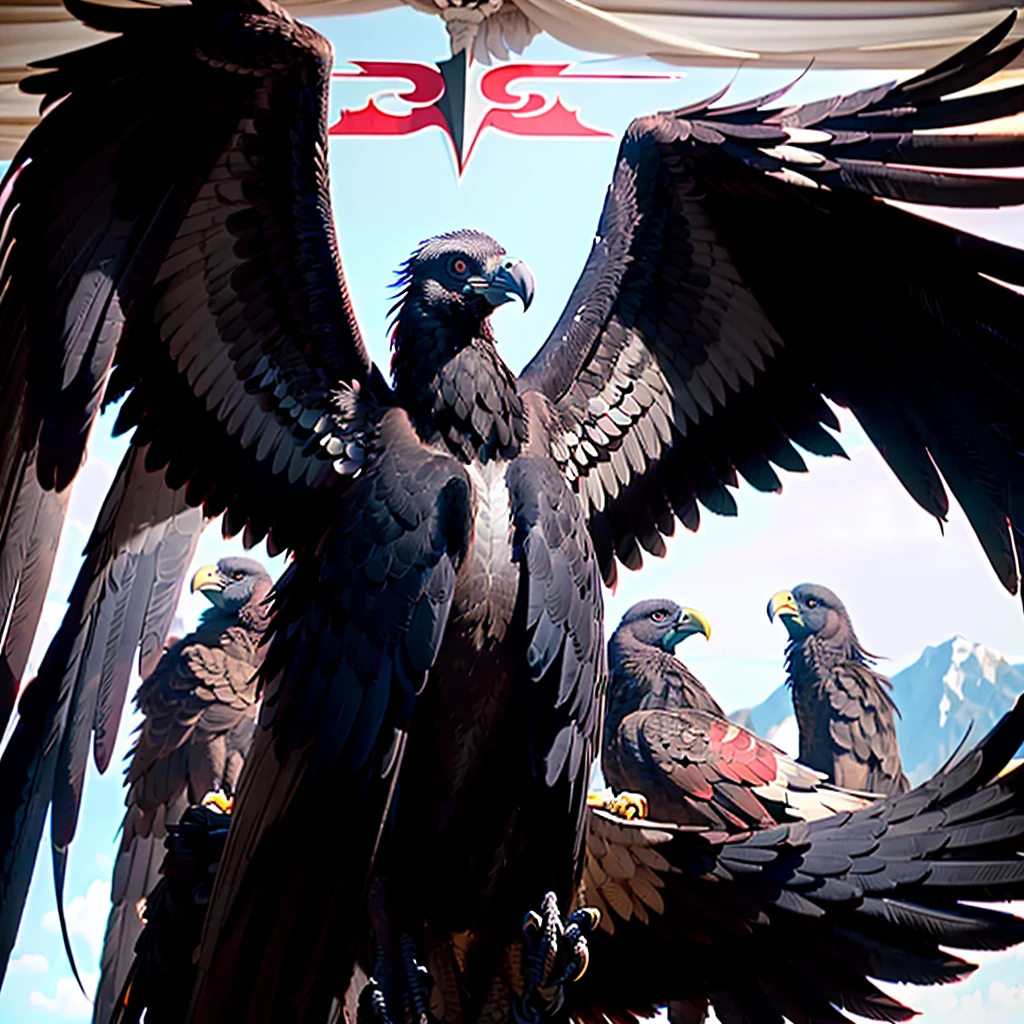 black vulture with open wings. on your chest with letters crf. shiny with red and white black outline., (maximum quality:1.4),(obra-prima:1.3),(sharp focus:1.2),(Photorealistic:1.4),(black vulture bonitas em estilo perfeito:1.4),(droopy eyes:1.2),(pelos macios),foto de corpo inteiro.