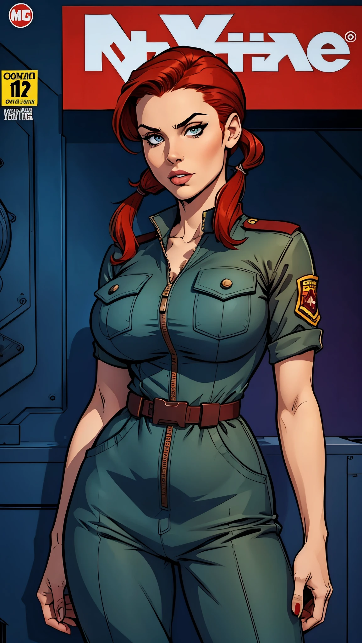 Woman brunette,red hair and pigtails,militar blue jumpsuit. attractive,busty. Comic style