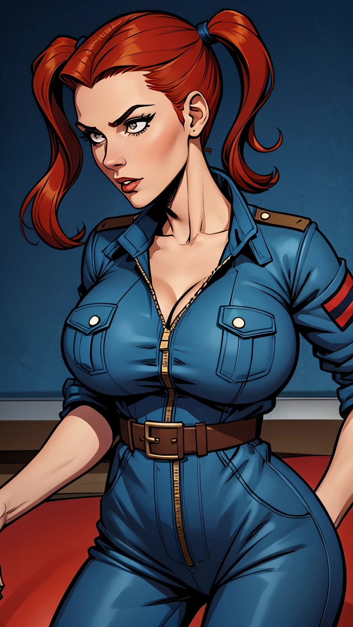 Woman brunette,red hair and pigtails,militar blue jumpsuit. attractive,busty. Comic style