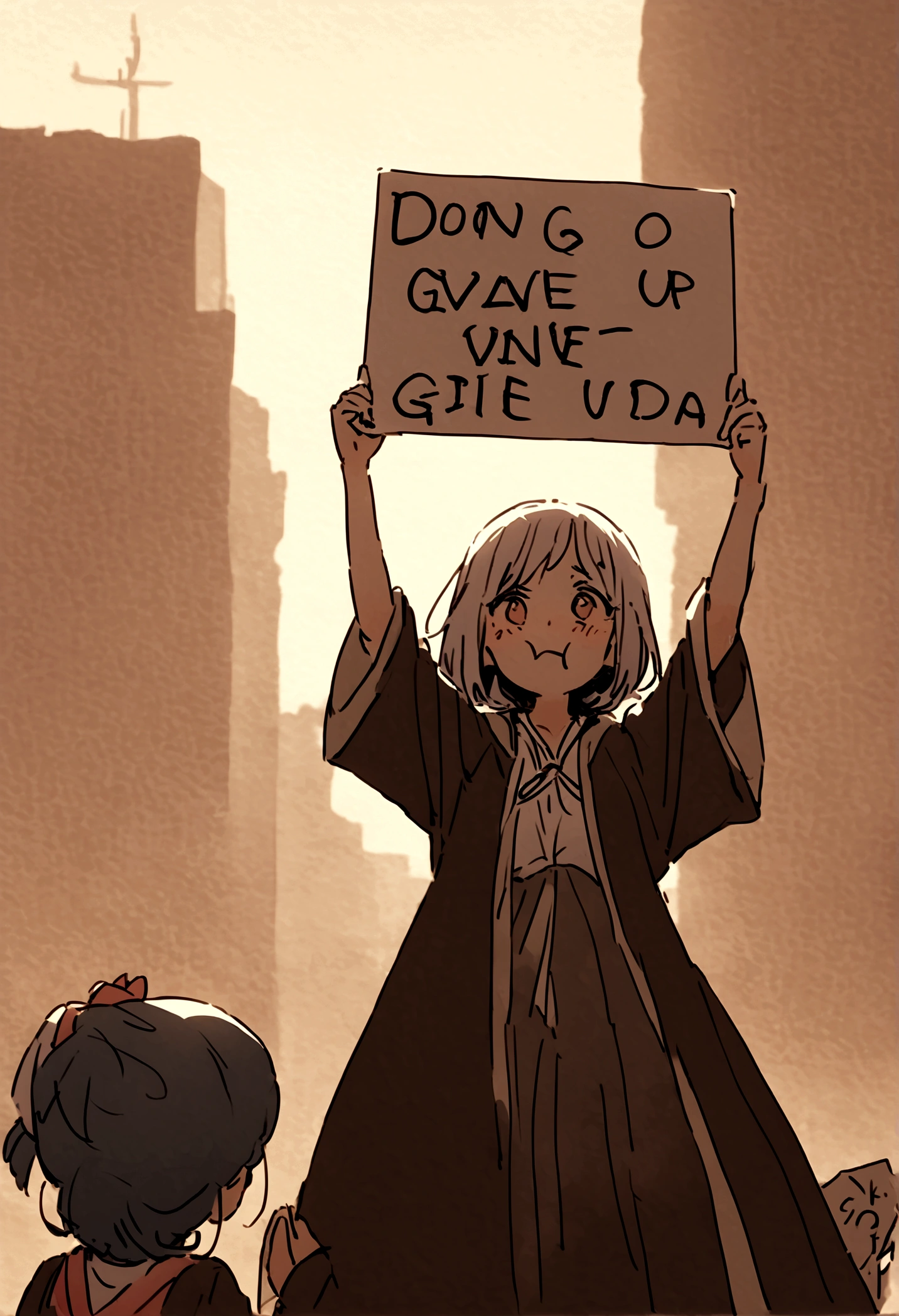 She holds a sign with the phrase don&#39;t give up in Spanish