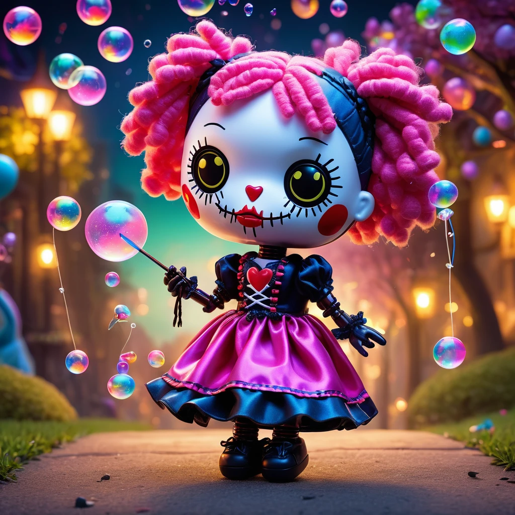 (knitted toy voodoo doll:1.5), (Voodoo Blowing Bubblegum:1.3), (Clothing: casual attire:1.0), (Accessories: enchanted bubblegum pack, glowing bubble:1.1), (background: playful park with floating bubbles, glowing swings, and a cheerful ambiance:1.2), best quality, masterpiece, detailed soft oil painting, detailed background, dramatic cinematic lighting, soft edge lighting, professional, dramatic lighting, hard edge lighting, ultra quality, 4k,masterpiece, best quality, 8k, ultra highres, highres, extremely detailed