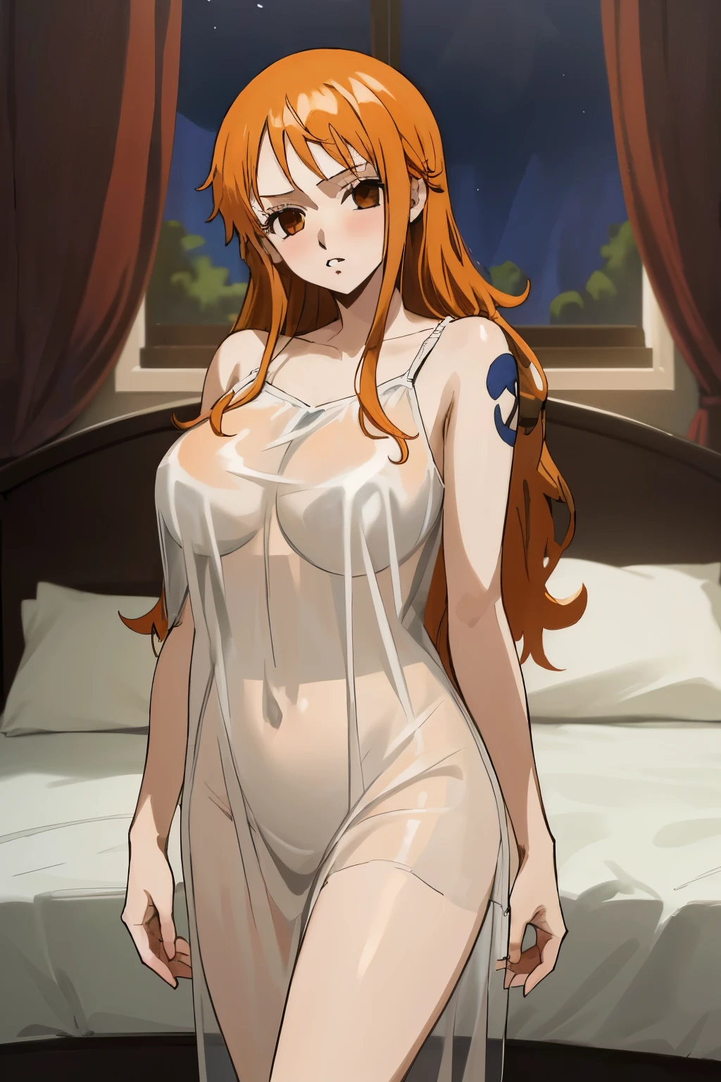 masterpiece, best quality, ultra-detailed, 1girl (namiop, Big and pretty breasts, orange hair, long hair, brown eyes, empty eye), blank face, parted lips, hypnosis, solo, facing viewer, looking at viewer, see-through nightgown, wanostyle, night time, in the bedroom, standing, head tilt