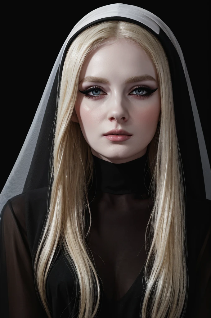 woman pretty, blonde,blackveil,nun sheer dress,pale,eyeliner,portrait,no-makeup ,full body, makeup ,pale woman painting, eyeliner wonderful highly detailed masterpiece, beautiful light deep focus, elegant, digital painting, smooth, dramatic lighting, ultra realistic, 8k, art , black background,black background, black wallpaper pray hands,prayer-nun