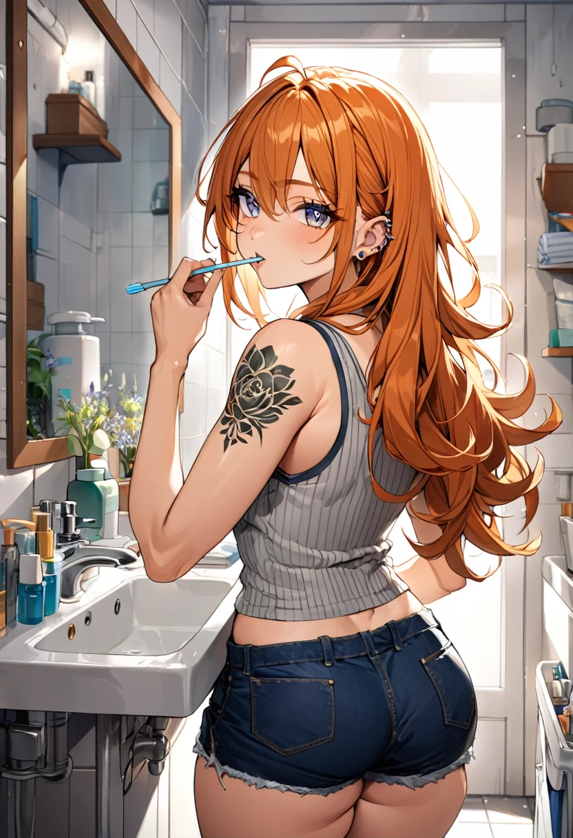 20 year old female, long orange hair, messy hair, perfect eyes, perfect silver irises, perfect pupils, thick thighs, thin ribbed tanktop, shorts, comfy clothes, many ear piercings, brushing teeth, looking back over shoulder, messy bathroom, small bathroom, highly detailed, best detail, best hands, right forearm tattoo, perfect tattoo, regular toothbrush, normal toothbrush, standing in front of sink, perfect hands