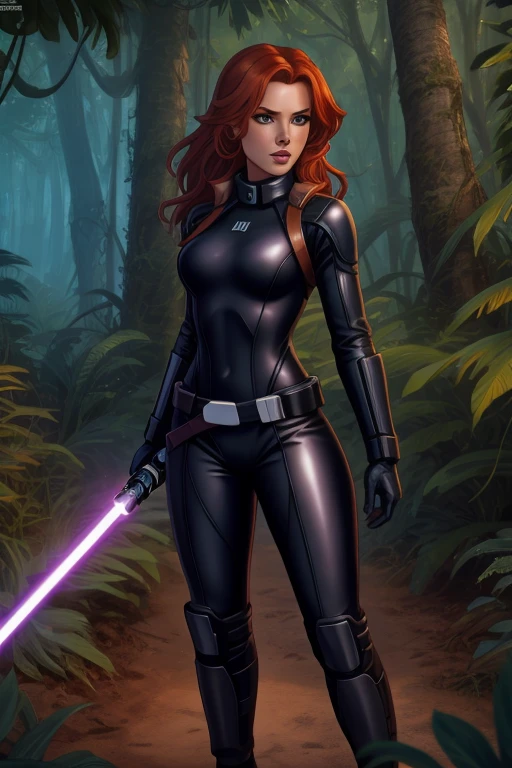 Star Wars based environment, Mara Jade, is depicted wearing her sleek, tight black leather suit. As she holds her purple lightsaber with a tight grip, her intense, piercing eyes convey a mix of determination and alertness. Background: Outdoors, jungle planet landscape, wooden structure in the surroundings
