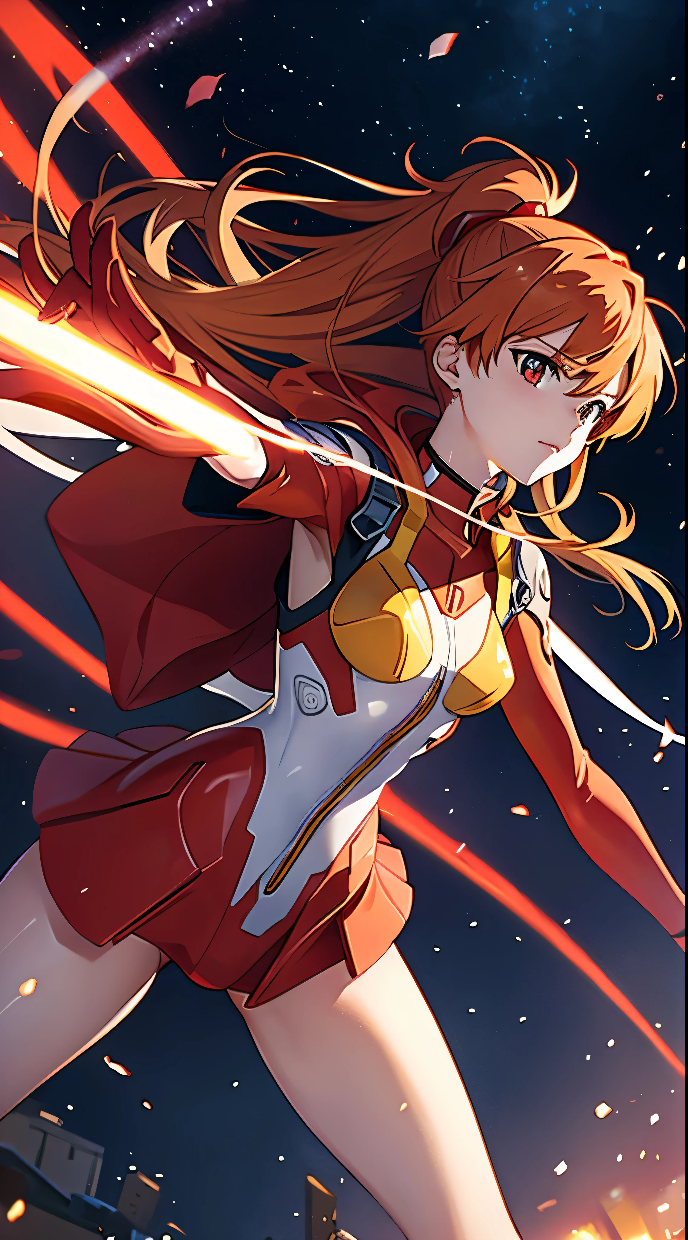 Neon Genesis Evangelion anime characters、Asuka Langley、Dressed in a bright red armor suit、She gracefully poses in front of the camera in high definition footage.。Evangelion: New Theatrical Edition、The background is Evangelion Unit 1.、Provides a breathtaking backdrop for your operations。Asuka raised her hand in determination.、