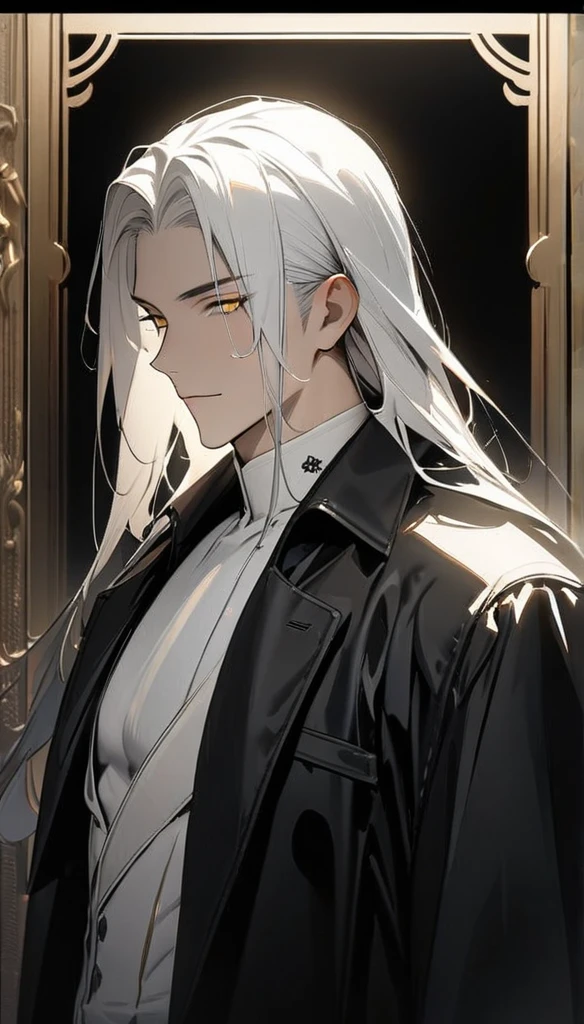 (masterpiece:1.5)，best quality，(1 Handsome man)，alone，white long length hair，(Golden eyes), (A soft smile)，elegant，perfect face，Long black trench coat，white and black cloth，white leather gloves，white lining，Slightly muscular body，High，8K，Beautiful contrast of light and shadow，Dark luxury background，(complete upper body)，Positive face，luxury Golden screen