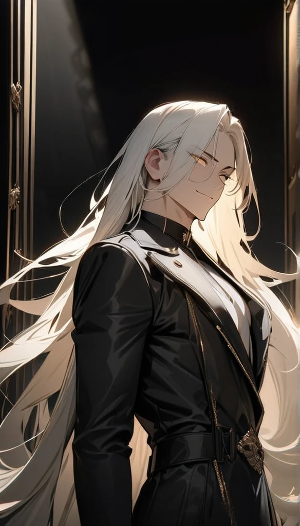 (masterpiece:1.5),best quality,(1 Handsome man),alone,white long length hair,(Golden eyes), (A soft smile),elegant,perfect face,Long black trench coat,white and black cloth,white leather gloves,white lining,Slightly muscular body,High,8K,Beautiful contrast of light and shadow,Dark luxury background,(complete upper body),Positive face,luxury Golden screen
