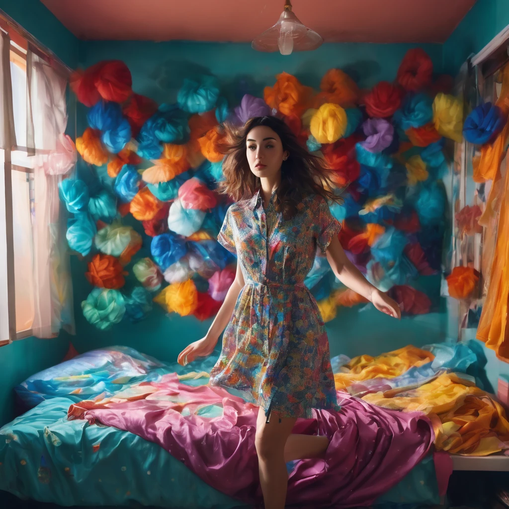 medium shot, (best quality of photo:1.3), aesthetic abstract art, (falling and floating:1.3), a pretty girl with type of fabrics in spare room with fabrics decoration, (colorful:1.2), glass, wearing shirt dress, detailed face and hands, realistic hair, dramatic, cinematic lighting, shadow on her, rays, realistic object, realistic girl, realistic skin, realistic dress, motion blur, ultra highly detailed, sharp focus, dynamic composition, shot by sony a9 with 100mm lens f/5.4, midjourney v6 photorealistic