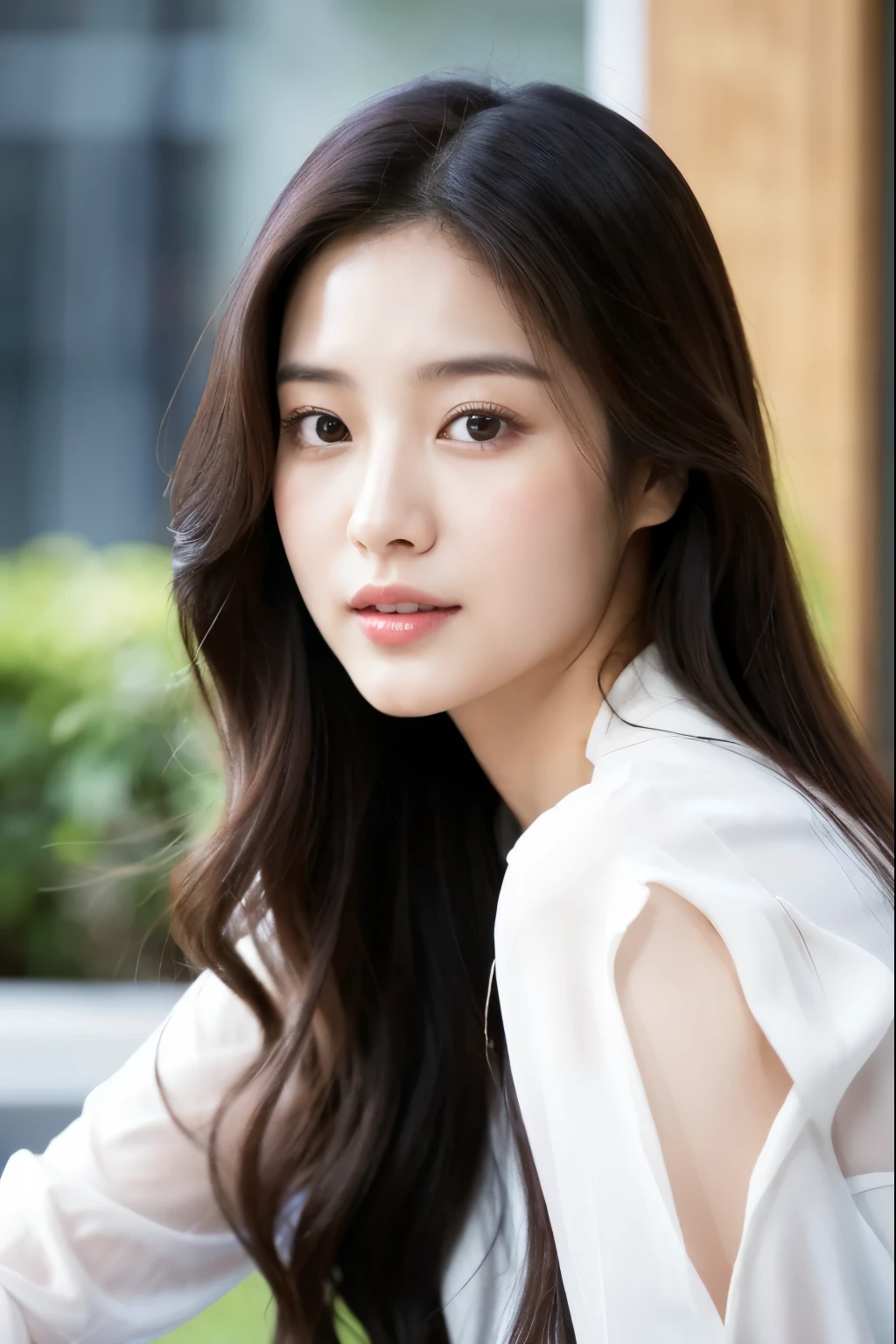 a close up of a woman with long hair wearing a white shirt, beautiful south korean woman, beautiful young korean woman, gorgeous young korean woman, jaeyeon nam, female actress from korea, lee ji-eun, lee ji - eun, heonhwa choe, korean woman, korean girl, kwak ji young, with long hair, asian girl with long hair