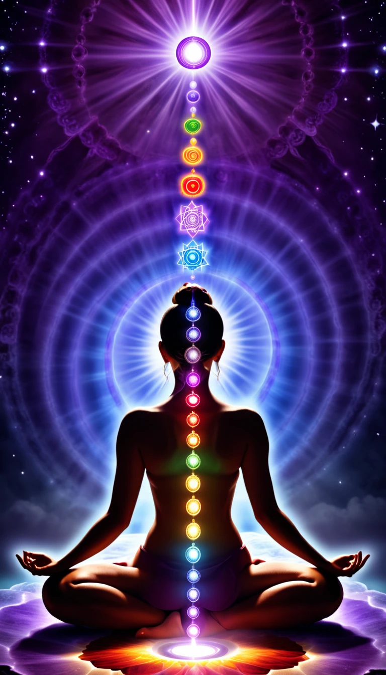 Welding of the Elements: The chakras should be aligned vertically, starting from the root chakra at the base and ending with the crown chakra at the top of the head. Add elements that suggest clarity and understanding, such as light bulbs, clear paths, to convey the idea of demystifying or revealing hidden knowledge.