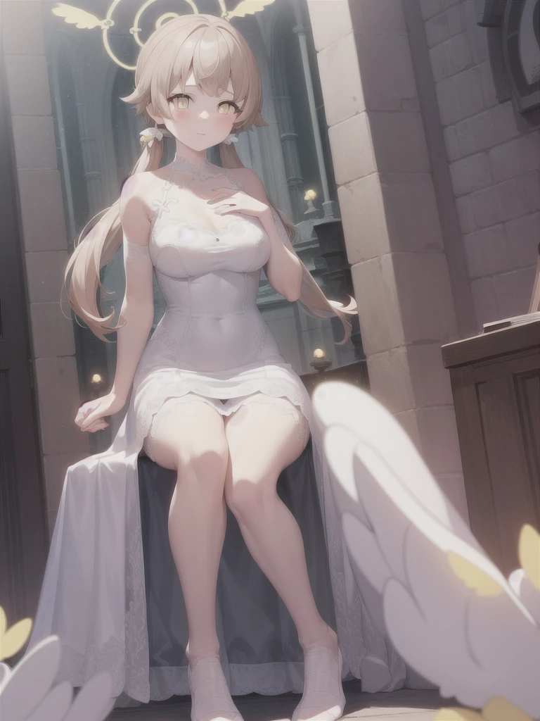 A girl，Long hair, Bangs, hair, 两眼之间的hair, (Yellow eyes:1.5),  (?????????????:1.2), 
rest  锁骨, Wedding dress，veil，wedding，White Dress，Flowers，The skirt is broken，White socks，Tights，White knee socks，
Looking at the audience, whole body,Put your hands in front of you，手拿Flowers，
indoors, church，permanent，permanent，
rest (masterpiece:1.2), best quality, high resolution, Unity 8K wallpaper, (illustration:0.8), (Beautiful and delicate eyes:1.6), Extremely detailed face, Perfect lighting, Extremely detailed CG, (Perfect hands, Perfect anatomical structure),