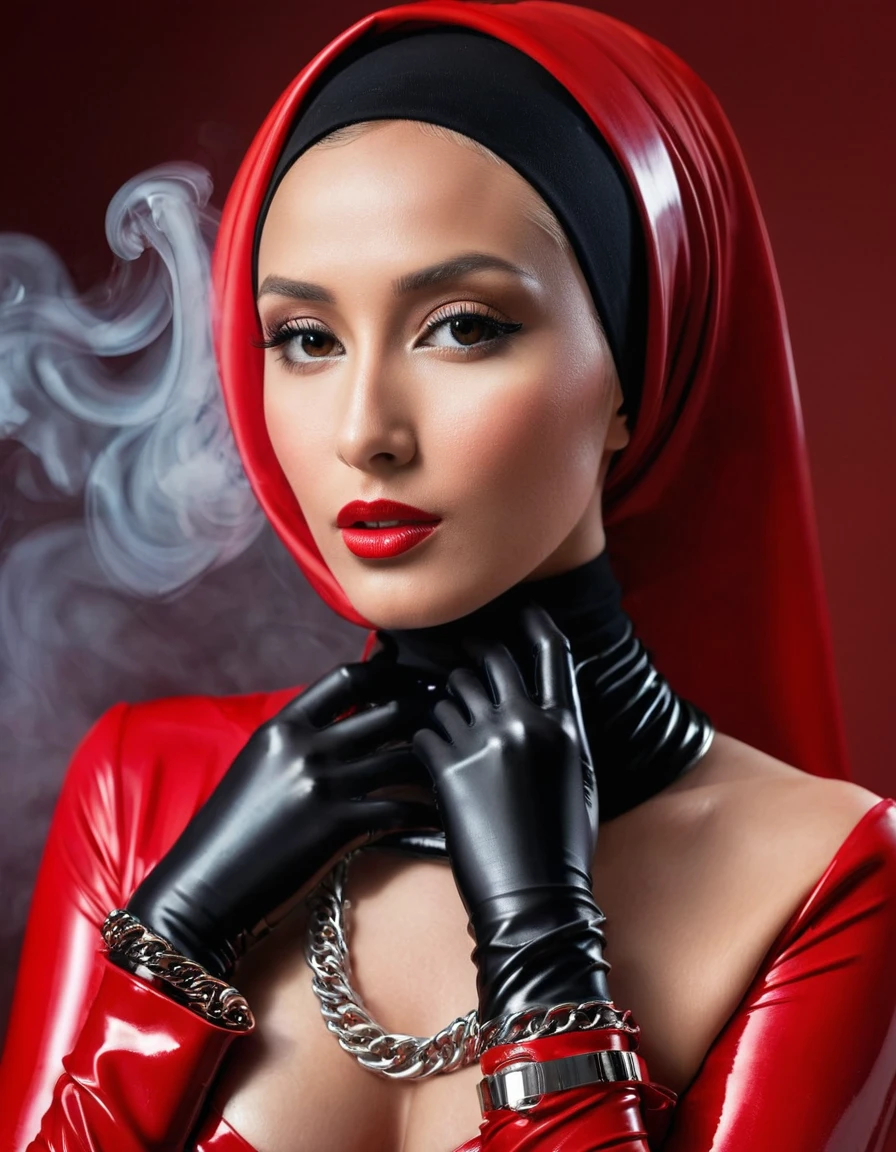 Sexy naked. A very thin model. Latex hijab. Shiny steel bracelets on top of black gloves. and Shiny steel bracelet necklaces are on her wrists. Designer shiny Red latex magnificent dress. Red thick smoke in the background. Posing for a photo in a fashion magazine. Canon EF 50mm f/1.8