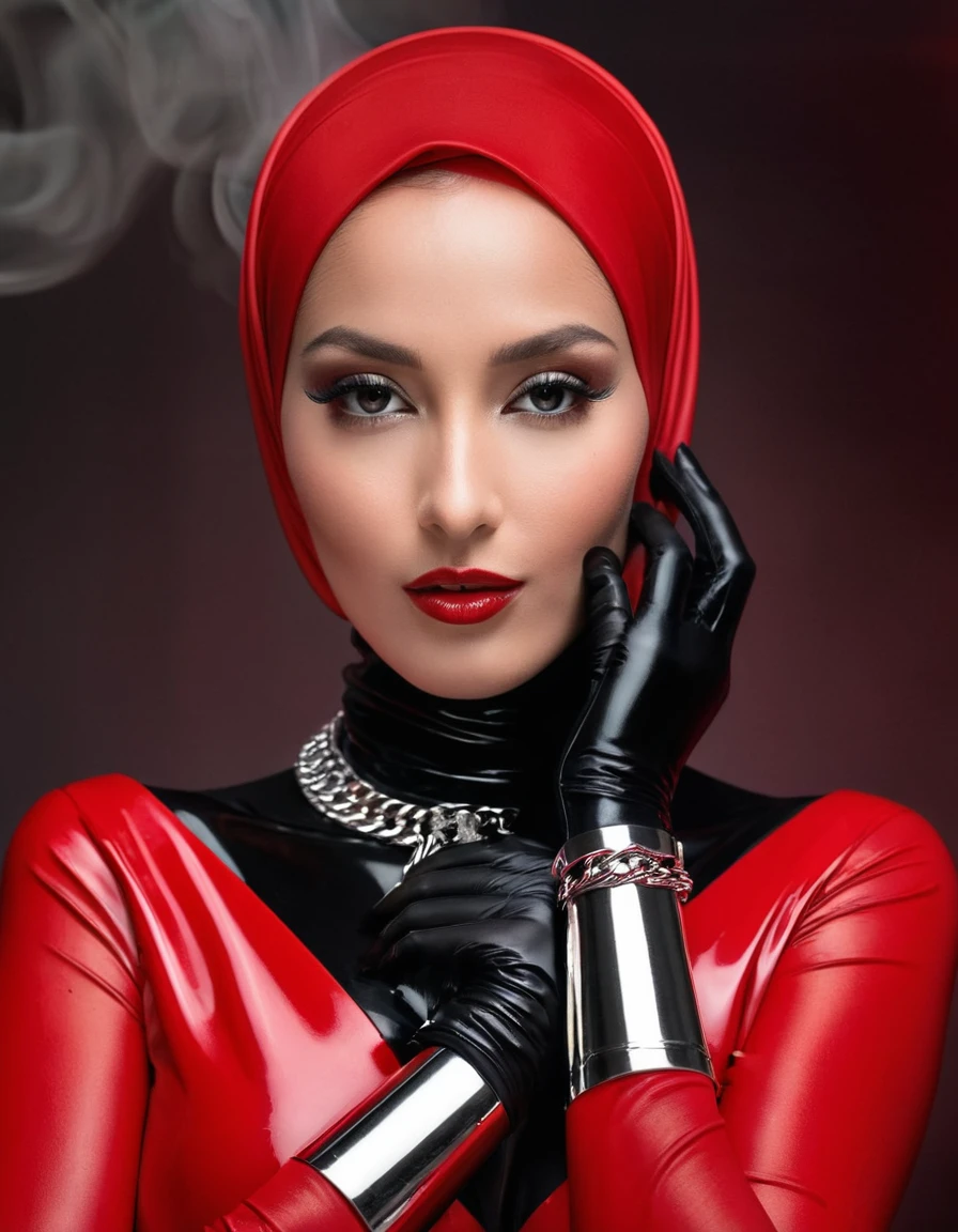 Sexy naked. A very thin model. Latex hijab. Shiny steel bracelets on top of black gloves. and Shiny steel bracelet necklaces are on her wrists. Designer shiny  Red latex magnificent dress. Red thick smoke in the background. Posing for a photo in a fashion magazine. Canon EF 50mm f/1.8
