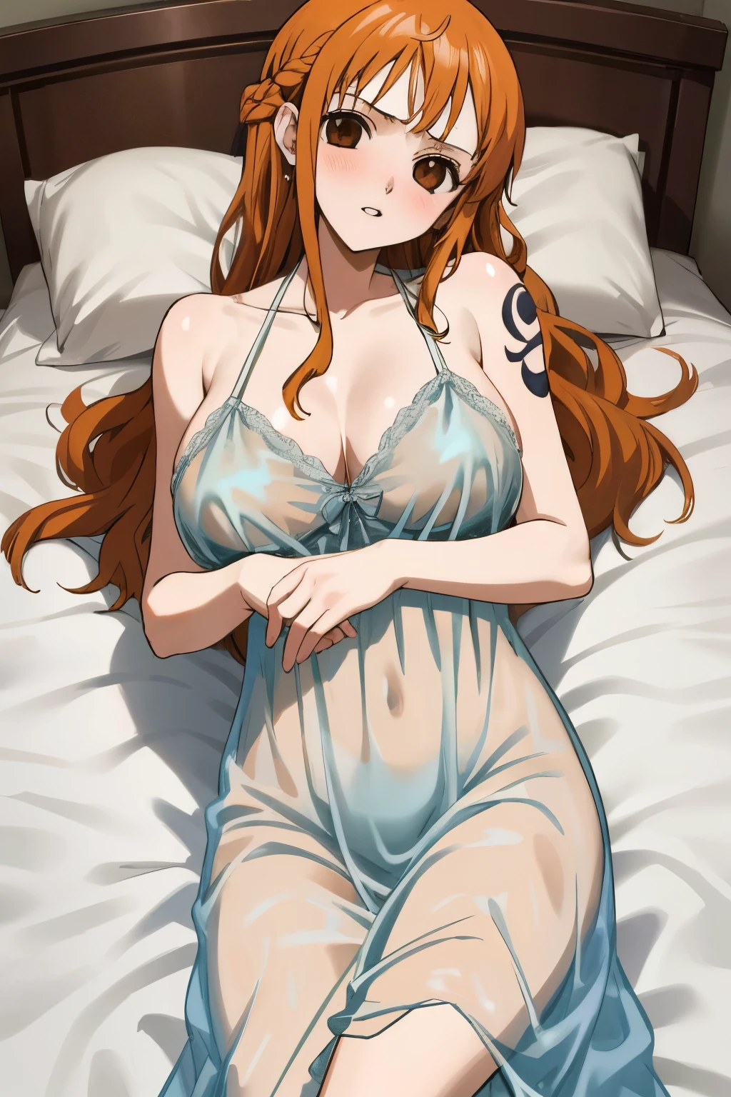 masterpiece, best quality, ultra-detailed, 1girl (namiop, Big and pretty breasts,   orange hair, long hair, brown eyes, empty eye), blank face,  parted lips, hypnosis, solo, facing viewer, looking at viewer, see-through nightgown, wanostyle,  night time,  in the bedroom,  on the bed, lie down, lying,  head tilt 