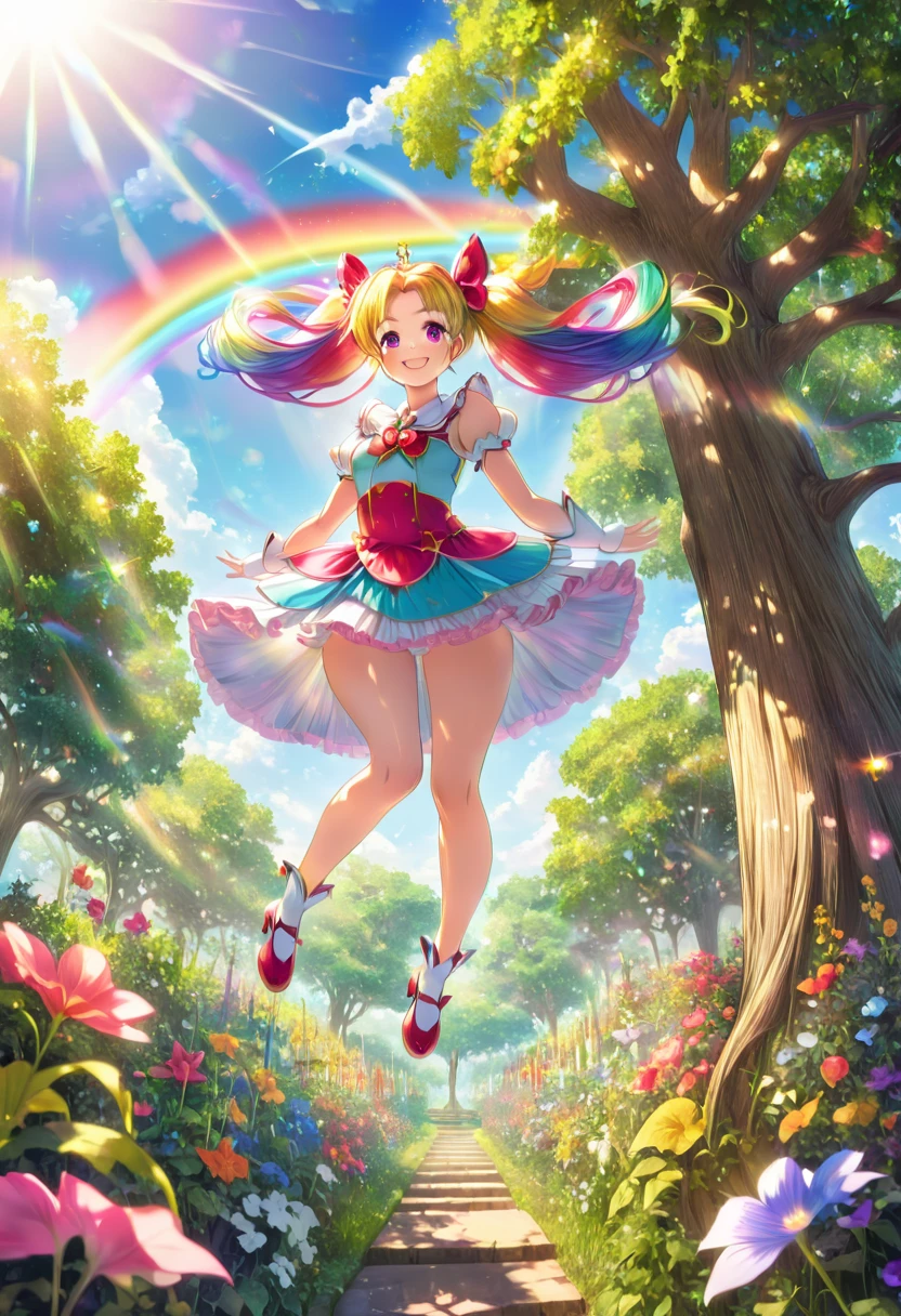 Long, rainbow-colored twin tails:1.9、Bright smile、Beautiful magical girl jumping from a tall tree in a magical garden、Shining morning sunlight、Shooting from a low angle:1.4、Very detailed、complicated、Photorealistic、8K、HDR、Cinematic lighting、Bright colors、Soft and dreamy