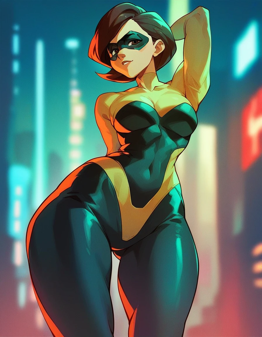 1girl, solo, helen parr, brown eyes, domino mask, looking at viewer, futuristic bodysuit, wide hips,
score_9, score_8_up, score_7_up, score_6_up, source_anime, outside, cyberpunk city, night, neon light