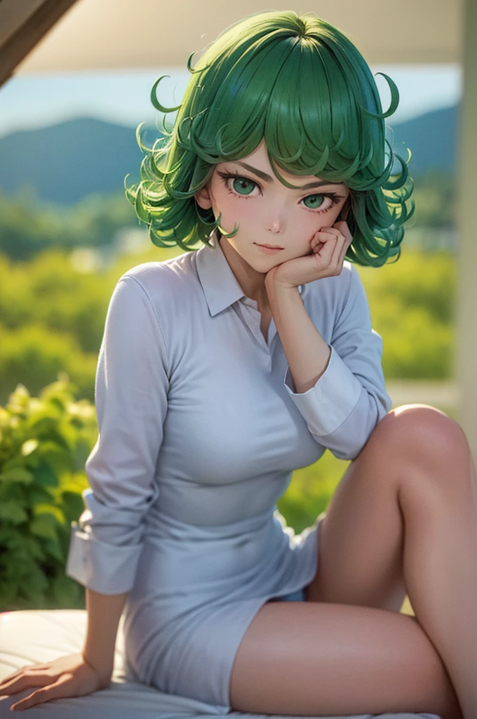 (Masterpiece, Best Quality:1.2), solo, 1girl, tatsumaki, unamused, closed mouth, looking a viewer, hand on our face, sitting, Naked, big thighs