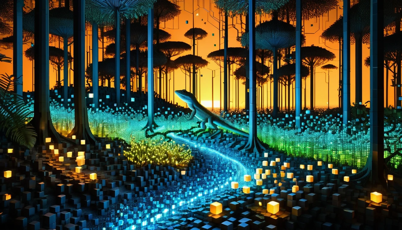 An enchanted forest made up of RAL-3D cubes, Surrounded by the fantastic light of fireflies ,The wide sea is nearby,There are lots of small lizards,so beautiful,There are many small lizards living here