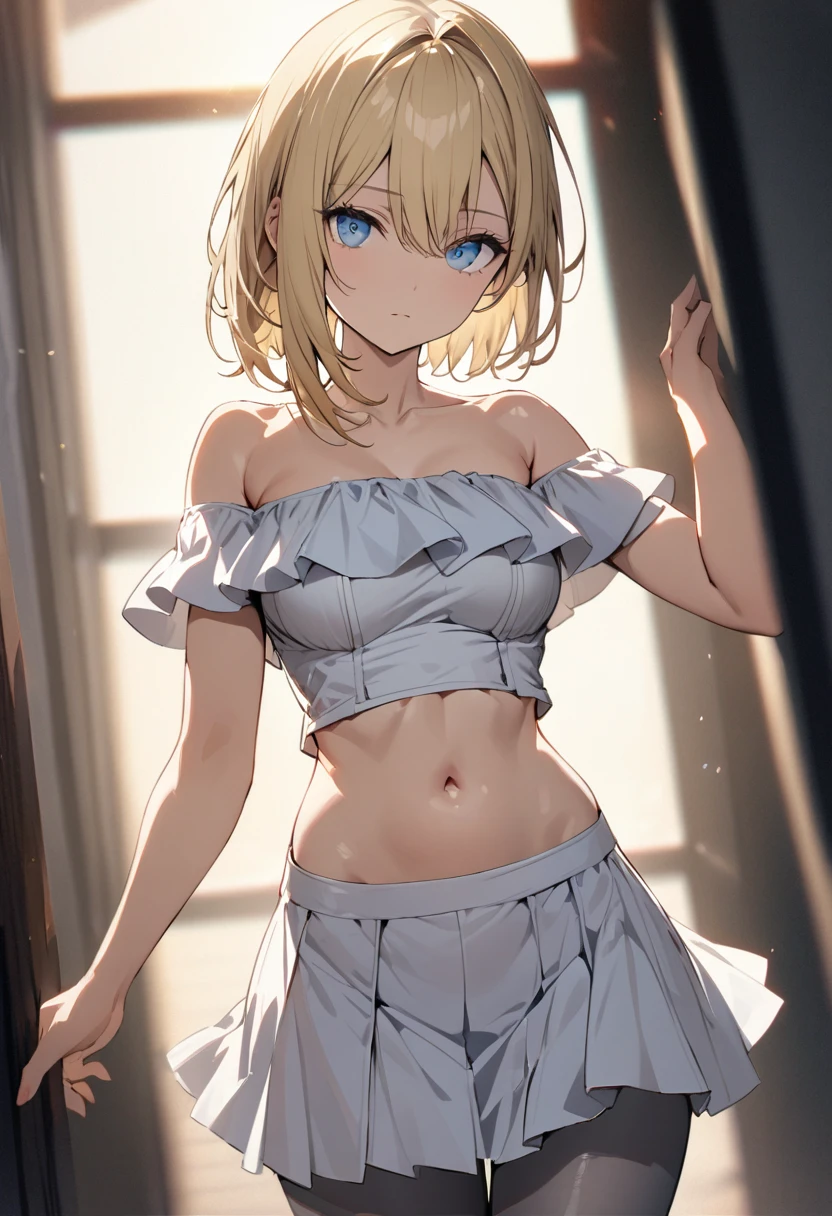 a handsome girl, solo,
blond hair, asymmetrical bob, blue eyes, bright eyes,
breasts,
navel, off-shoulder, skirt, gray pantyhose,
expressionless, blurry background,
perfect lighting, (best quality), (extremely detailed)